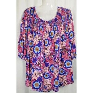Women's Blouse Floral Peasant Style  Gathered Sleeve & Neckline Plus Size 4X